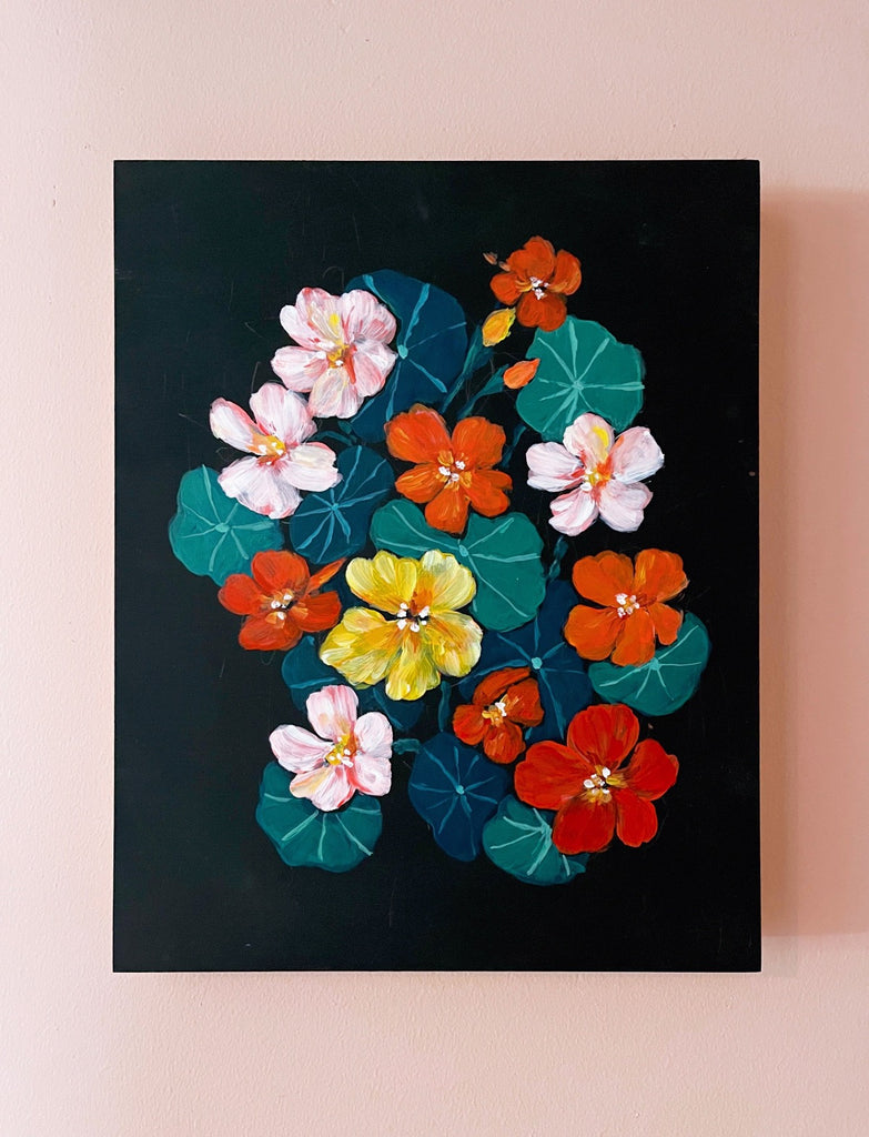 11x14  inch acrylic painting of orange, pink, and yellow nasturtiums  on a velvety black background by Liz Langley.
