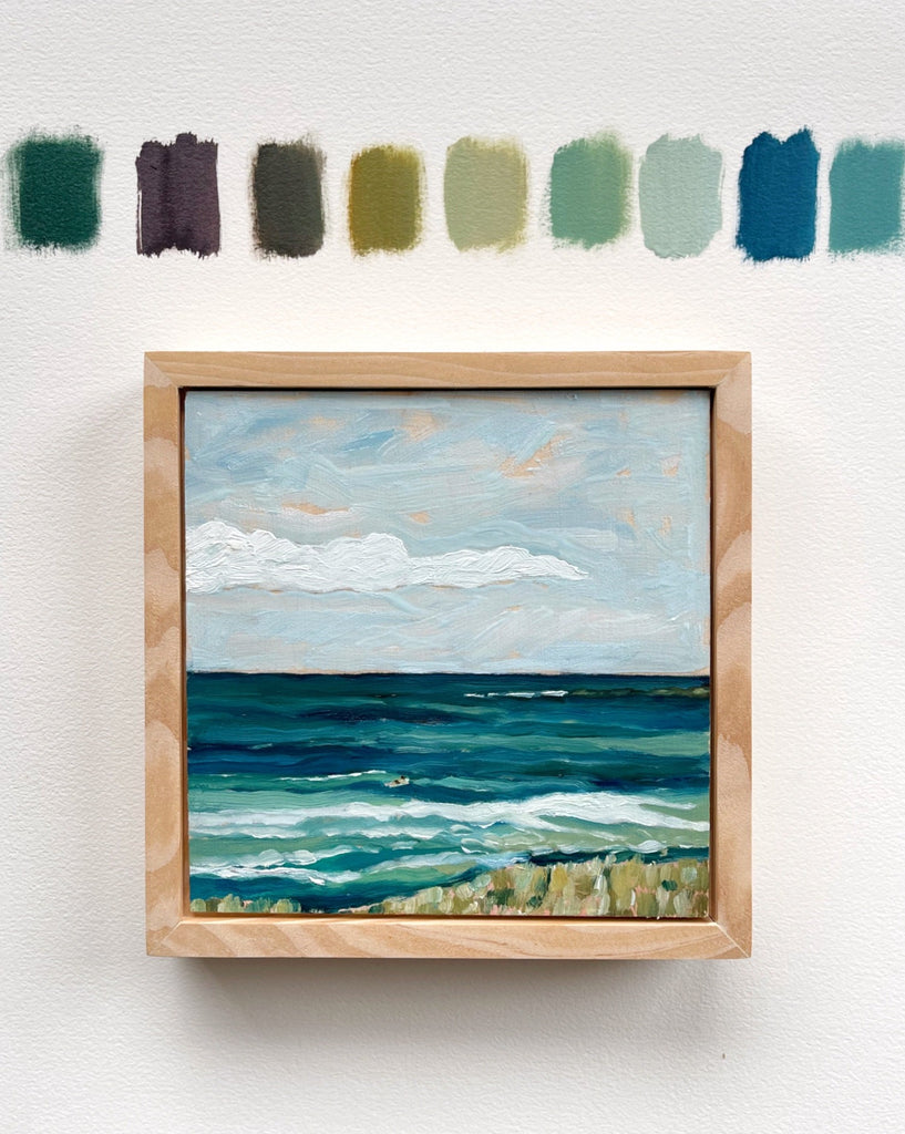 6x6 mini seascape by Liz Langley Studio: a surfer paddles out to a gentle wave in a palette of peaceful blues and greens