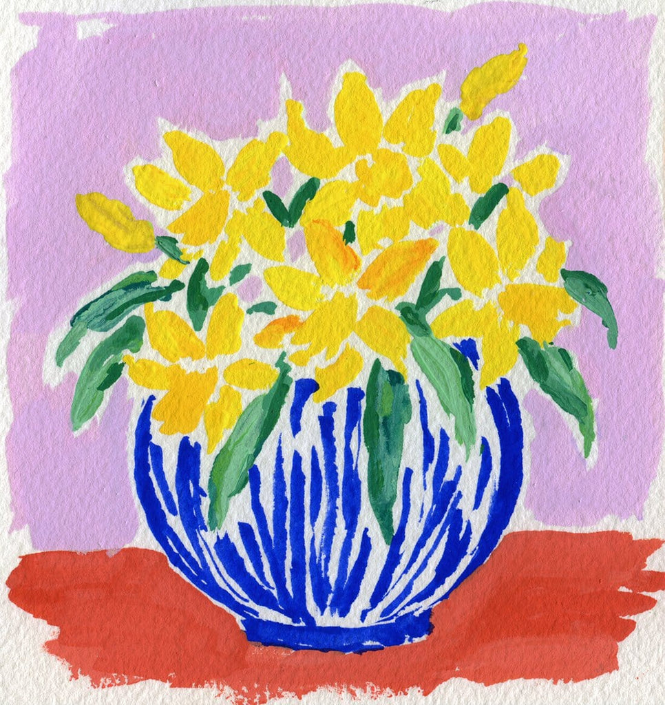 4.25x4.5 inch painting of daffodils in a blue and white striped vase on a red surface with a lilac-colored ground by Liz Langley.
