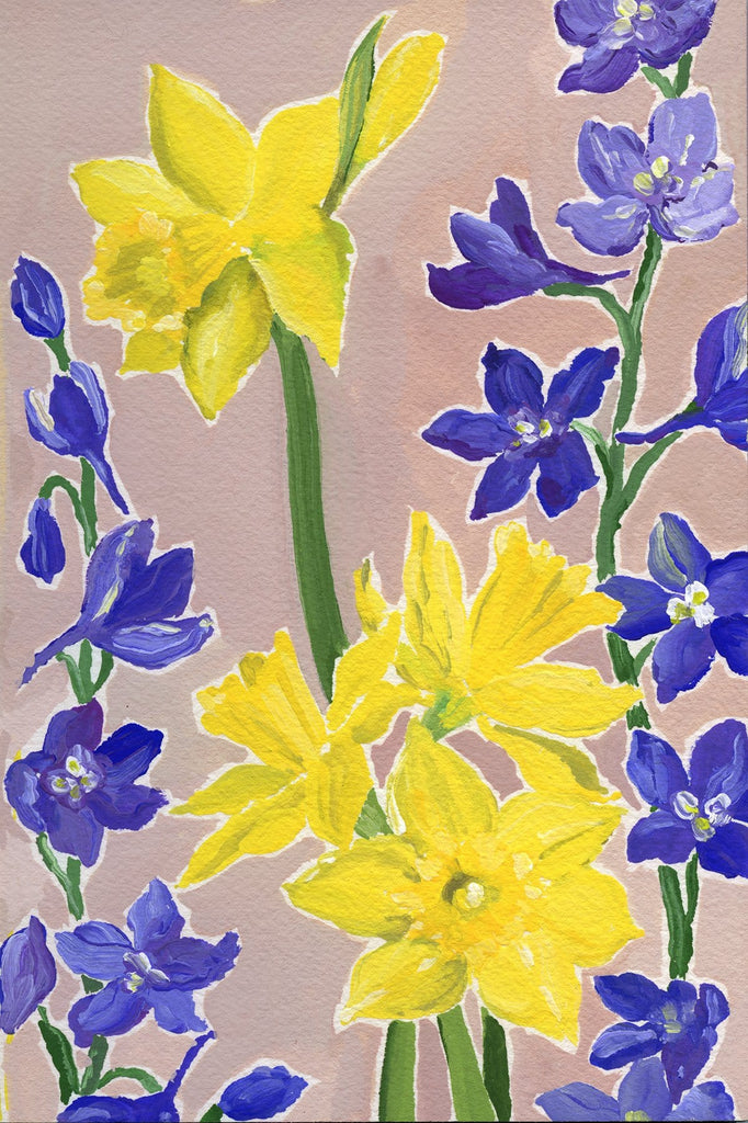 6x9 inch daffodil and delphinium acrylic painting on paper by Liz Langley in lemon yellows and deep purple blues with a greyed lavender background. This is a full view of the painting.