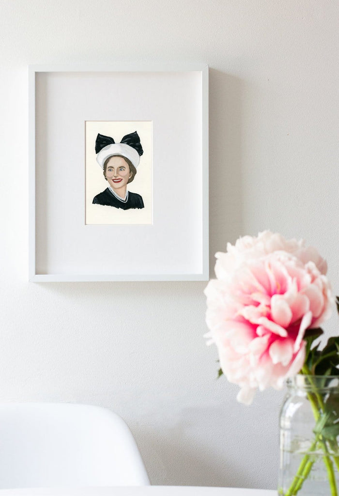Dorothy Draper portrait in gouache by Liz Langley framed in white frame