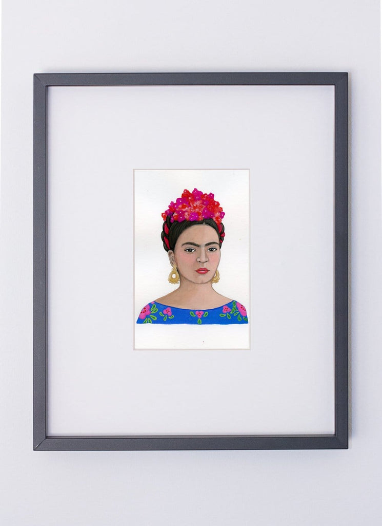 Frida Kahlo portrait in gouache by Liz Langley framed in black frame