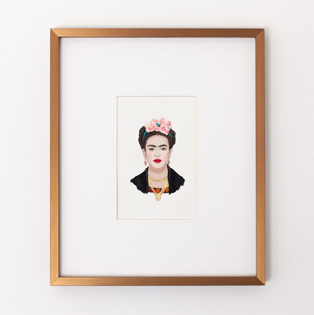 Frida Kahlo portrait in gouache by Liz Langley framed in antique gold frame