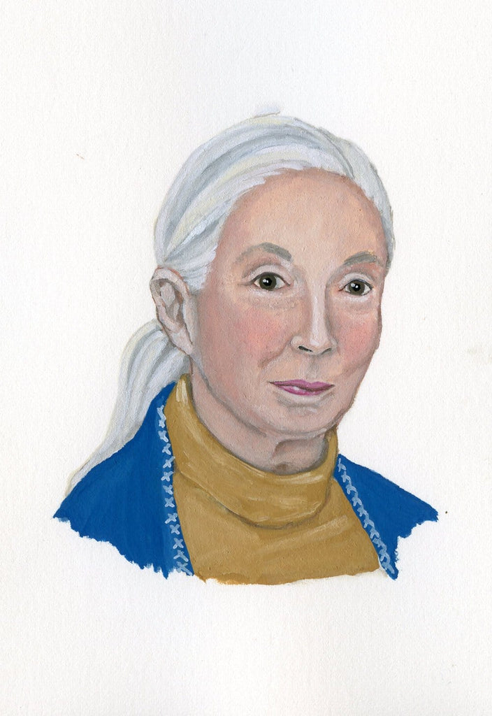 Jane Goodall portrait in gouache by Liz Langley 