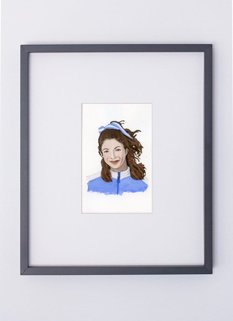Kathrine Switzer portrait in gouache by Liz Langley framed in black frame