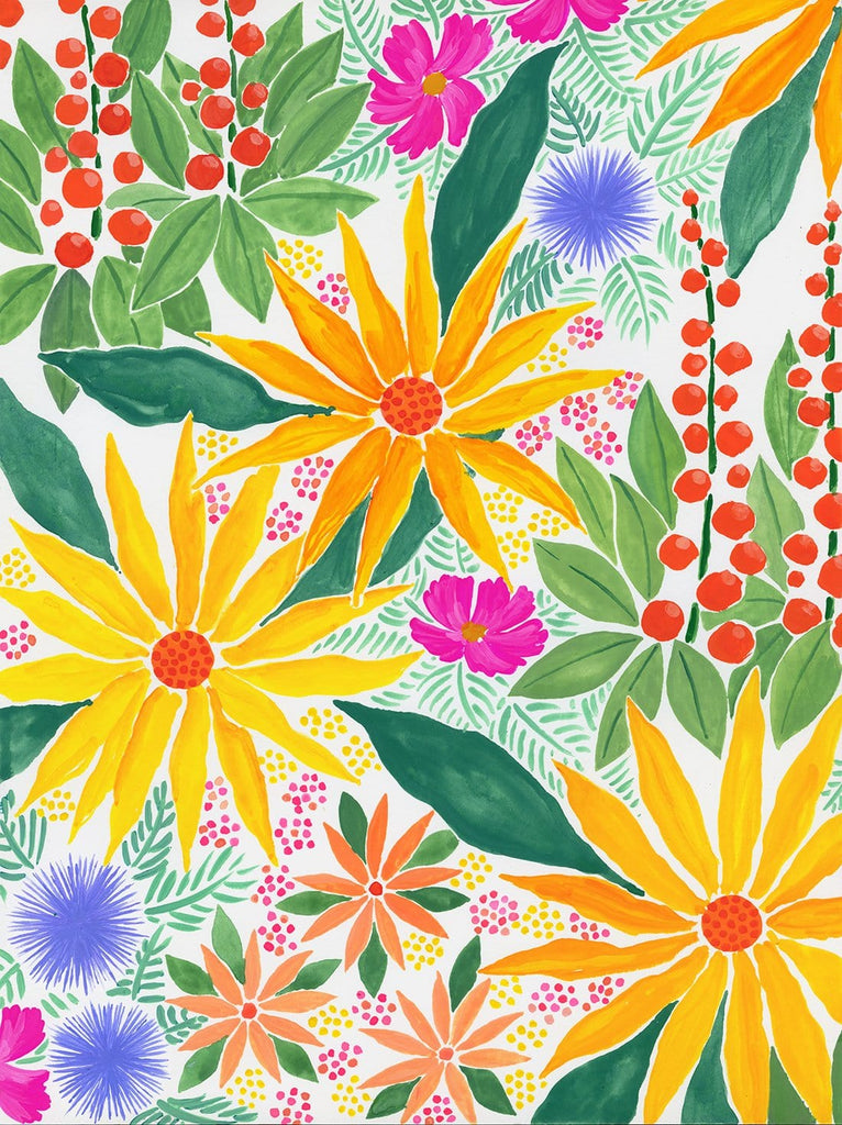 Bright & colorful floral painting in gouache on Arches cotton paper. The floral pattern of sunflowers, styized lupine and other cheery wildflowers in yellow, red-orange, pink and periwinkle blue fills the entire painting and continues off the edges. 
