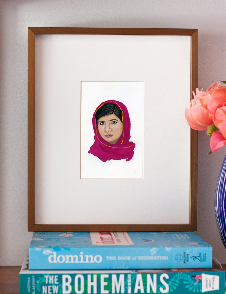 Malala Yousafzai portrait in gouache by Liz Langley framed in antique gold frame