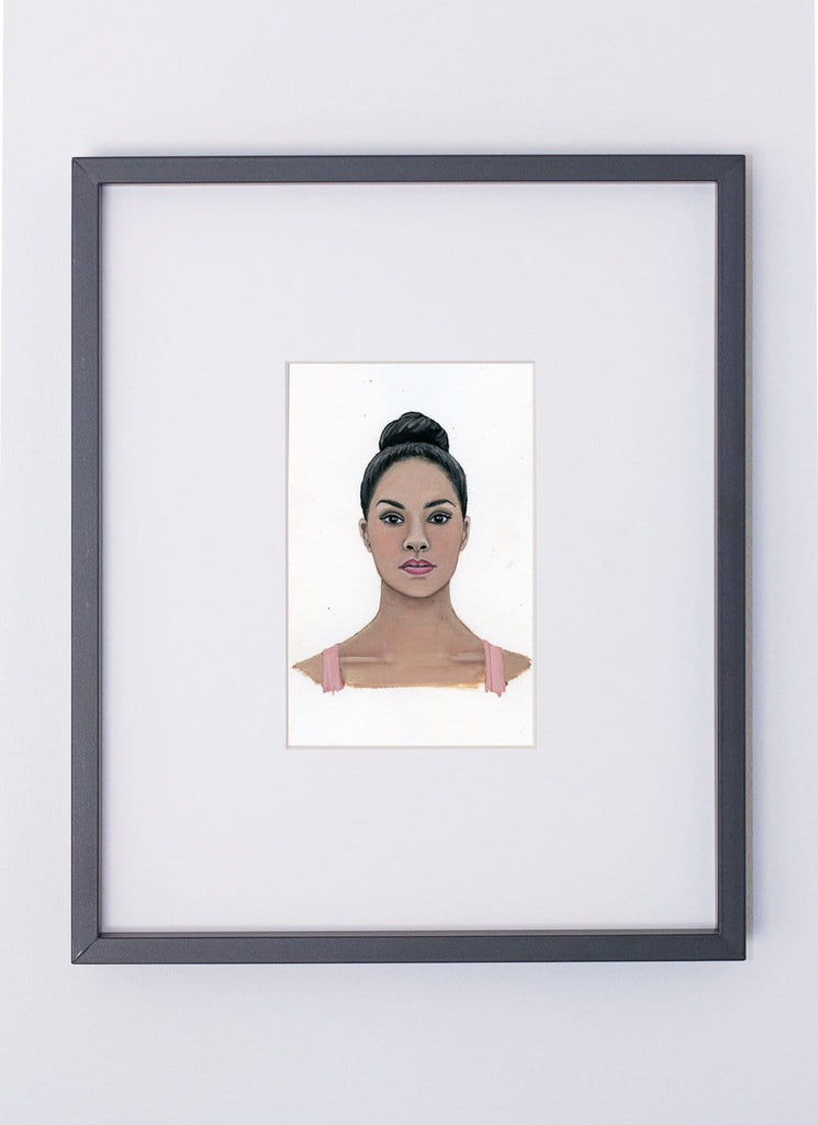 Misty Copeland portrait in gouache by Liz Langley framed in black frame