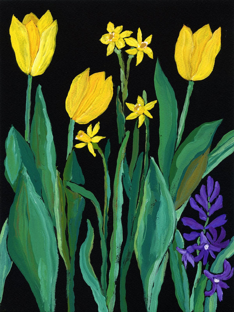 9x12 inch acrylic painting of yellow tulips, daffodils and a purple hyacinth with vibrant green leaves on black paper by Liz Langley.