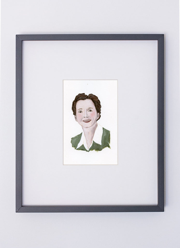 Rachel Carson portrait in gouache by Liz Langley framed in black frame