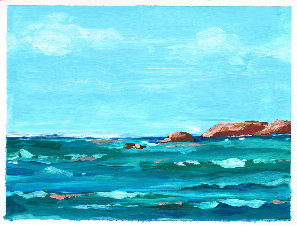 6x8 inch acrylic seascape painting on paper captures the daytime sky and sea views at Punta Mita in Mexico. The sky is bright blue with a few wisps of clouds, and the sea is deep aqua, turquoise and blue, with coral highlights on the water. A few rocky outcroppings dot the ocean waves.
