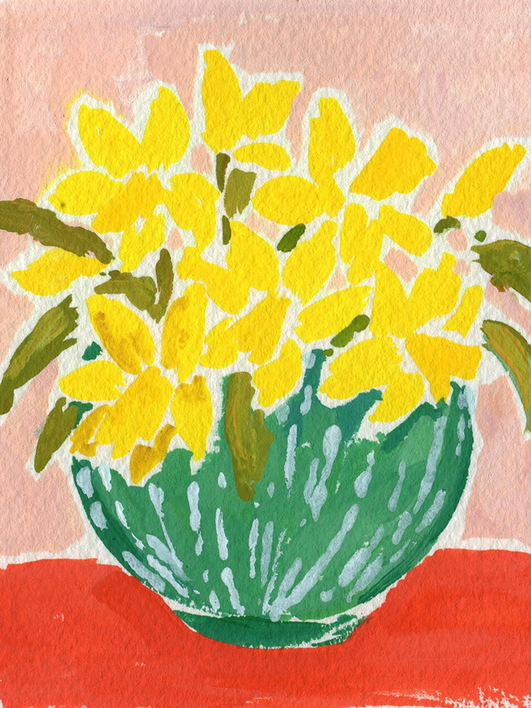 4.25x4.5 inch painting of yellow daffodils in a green and white striped vase on a red surface with a pink background by Liz Langley.