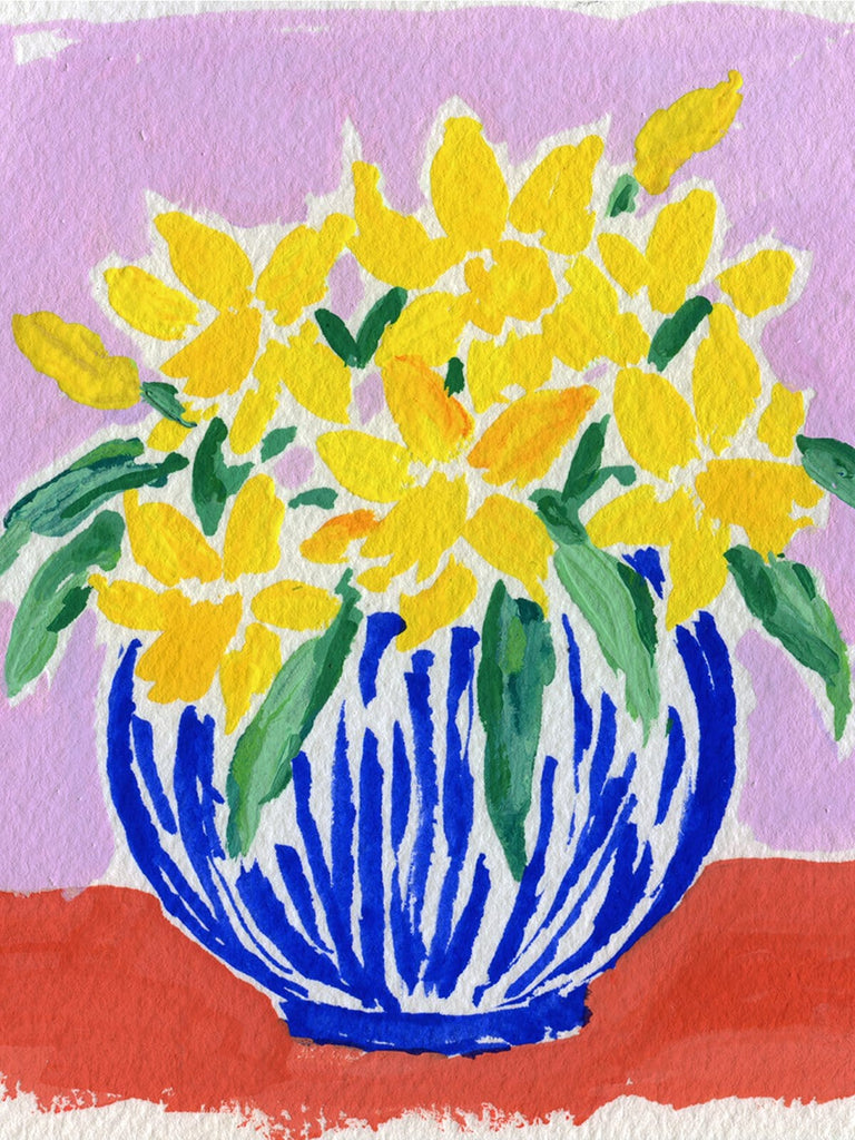  4.25x4.5 inch painting of daffodils in a blue and white striped vase on a red surface with a lilac-colored ground by Liz Langley.