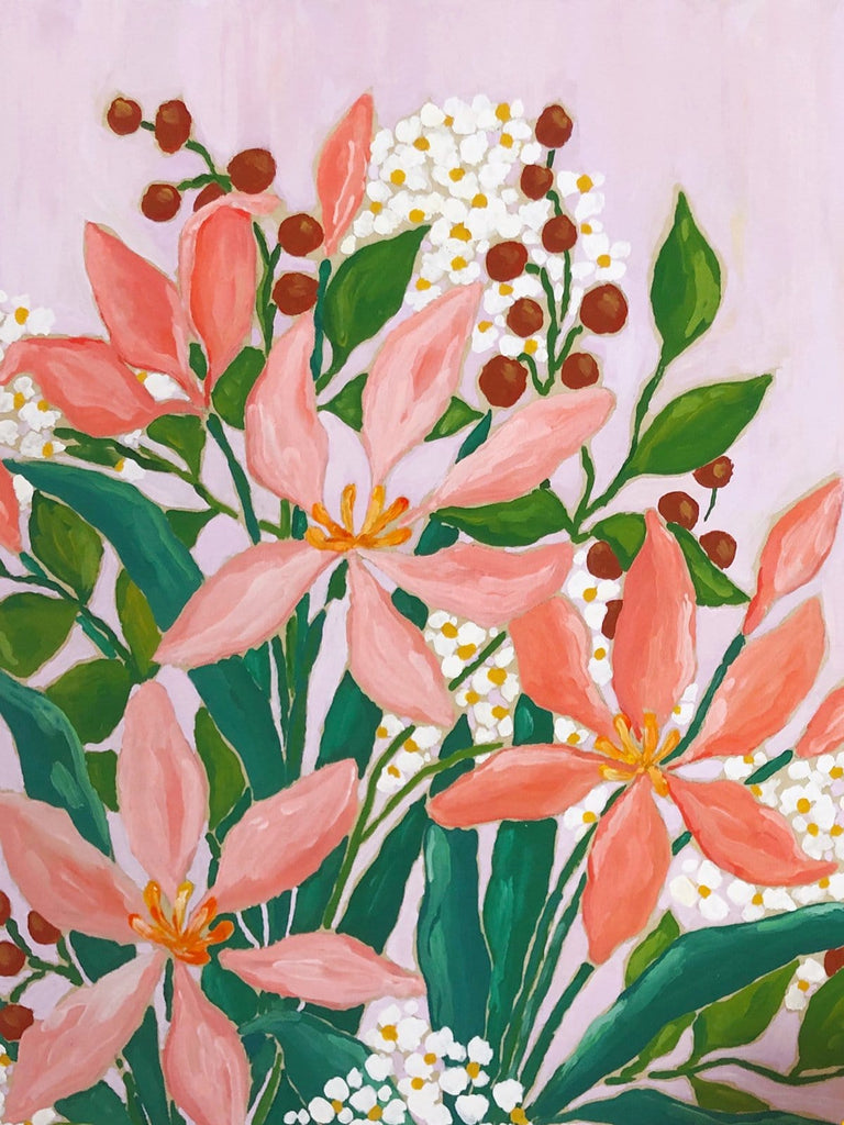 12x12 inch acrylic painting of a bouquet with pink lilies, vibrant green leaves, rust red berries and clouds of white and yellow tiny flowers on a warm lavender background by Liz Langley.