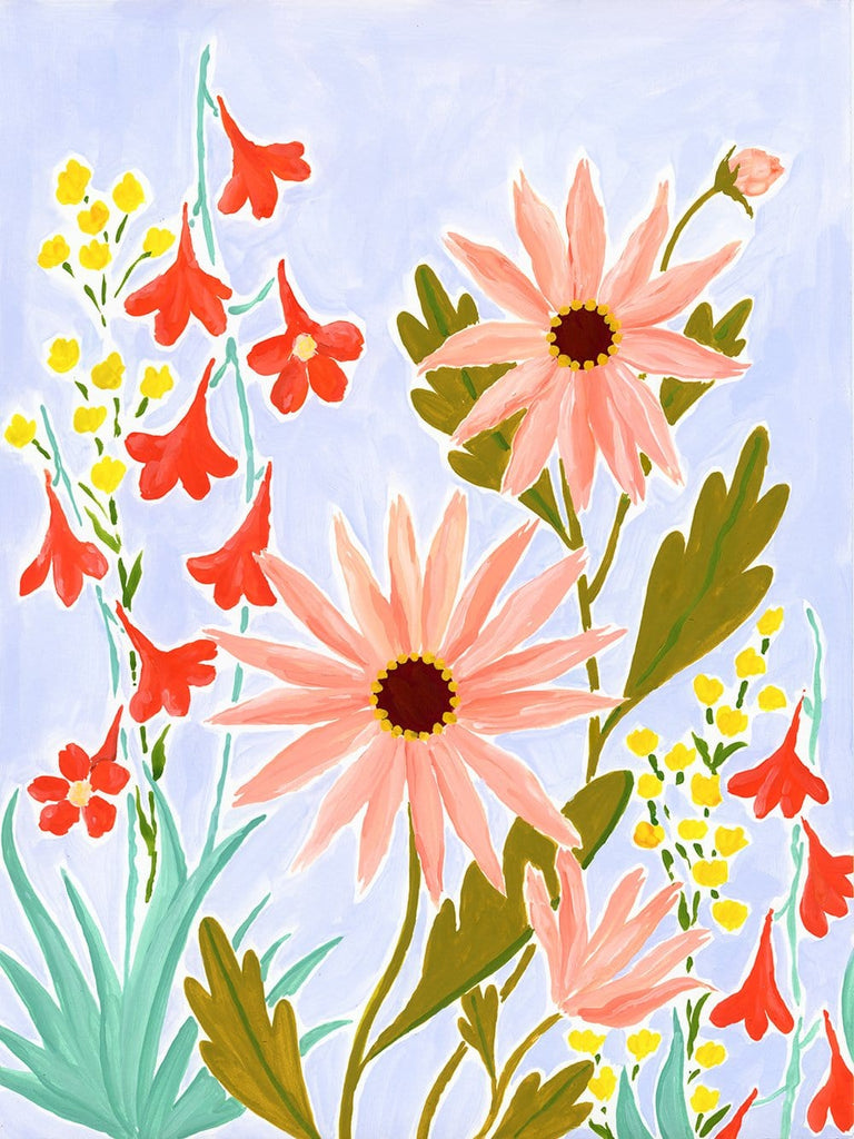A wild tangle of coral pink daisy like flowers with olive leaves are mixed in with tall yellow blooms and fiery red larkspur with aqua leaves. They climb up the lavender background of this cheerful 9x12 painting on paper. 