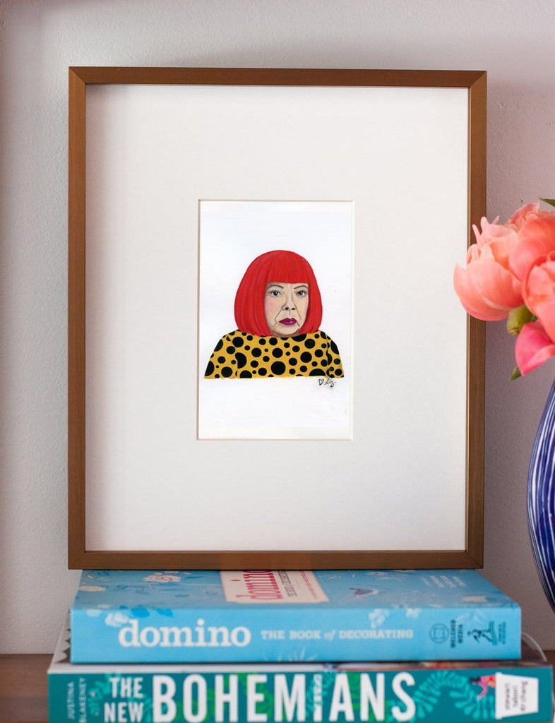 Yayoi Kusama portrait in gouache by Liz Langley framed in antique gold frame