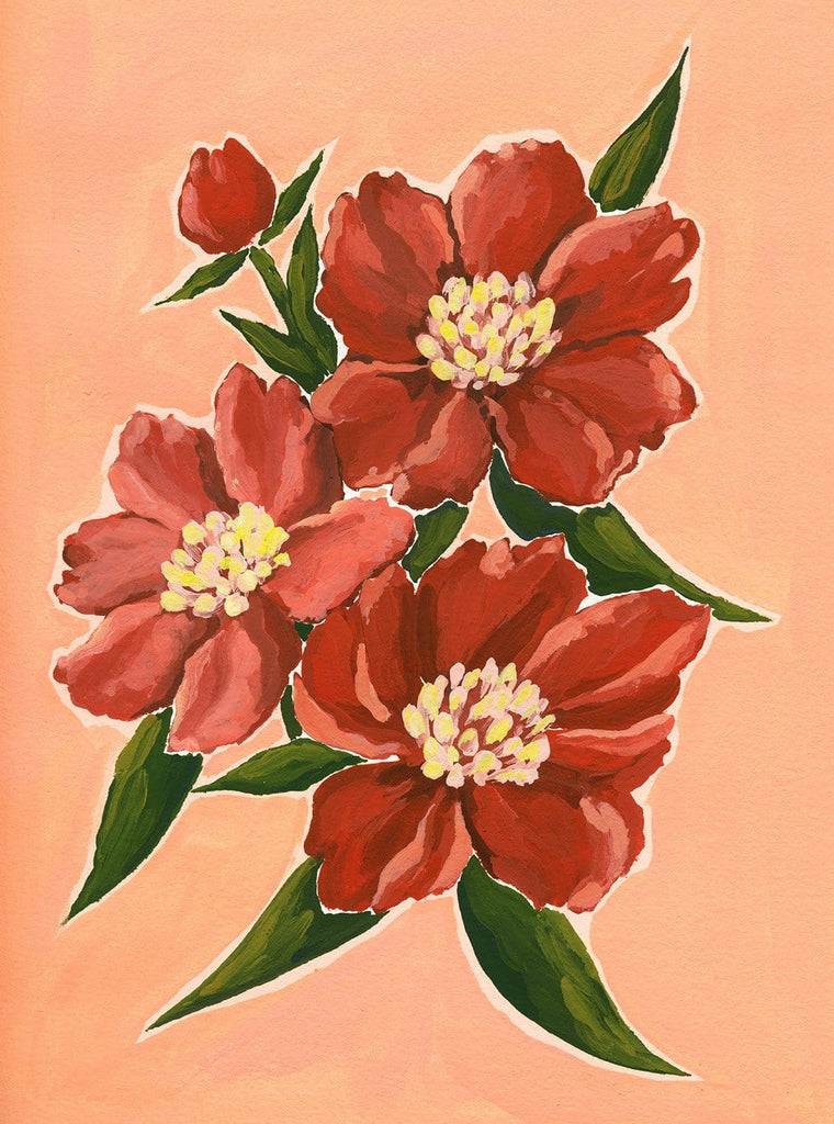 9x12 original acrylic gouache painting of a bunch of vibrant deep red peonies with green leaves on a light salmon pink background.