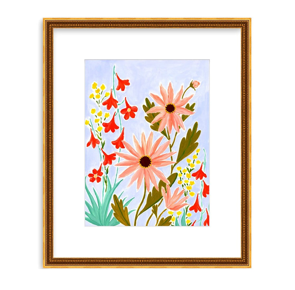 A wild tangle of coral pink daisy like flowers with olive leaves are mixed in with tall yellow blooms and fiery red larkspur with aqua leaves. They climb up the lavender background of this cheerful 9x12 painting on paper framed in a fluted gold frame