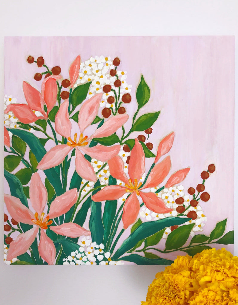12x12 inch acrylic painting of a bouquet with pink lilies, vibrant green leaves, rust red berries and clouds of white and yellow tiny flowers on a warm lavender background by Liz Langley.