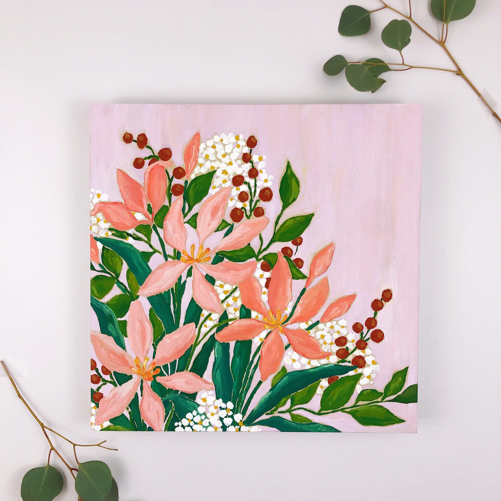 12x12 inch acrylic painting of a bouquet with pink lilies, vibrant green leaves, rust red berries and clouds of white and yellow tiny flowers on a warm lavender background by Liz Langley. This is a flatlay style shot with sprigs of eucalyptus framing the painting.