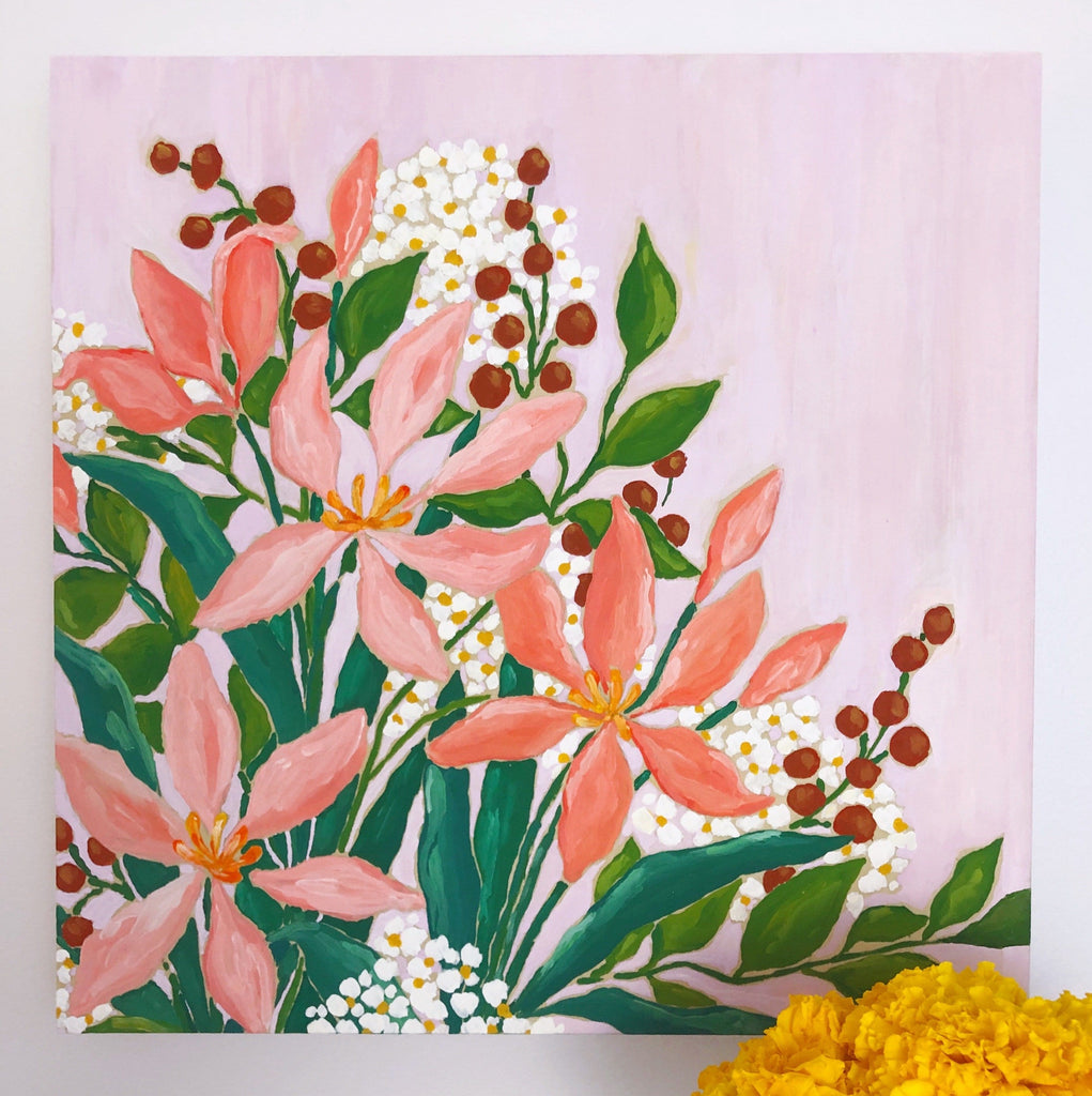 12x12 inch acrylic painting of a bouquet with pink lilies, vibrant green leaves, rust red berries and clouds of white and yellow tiny flowers on a warm lavender background by Liz Langley.