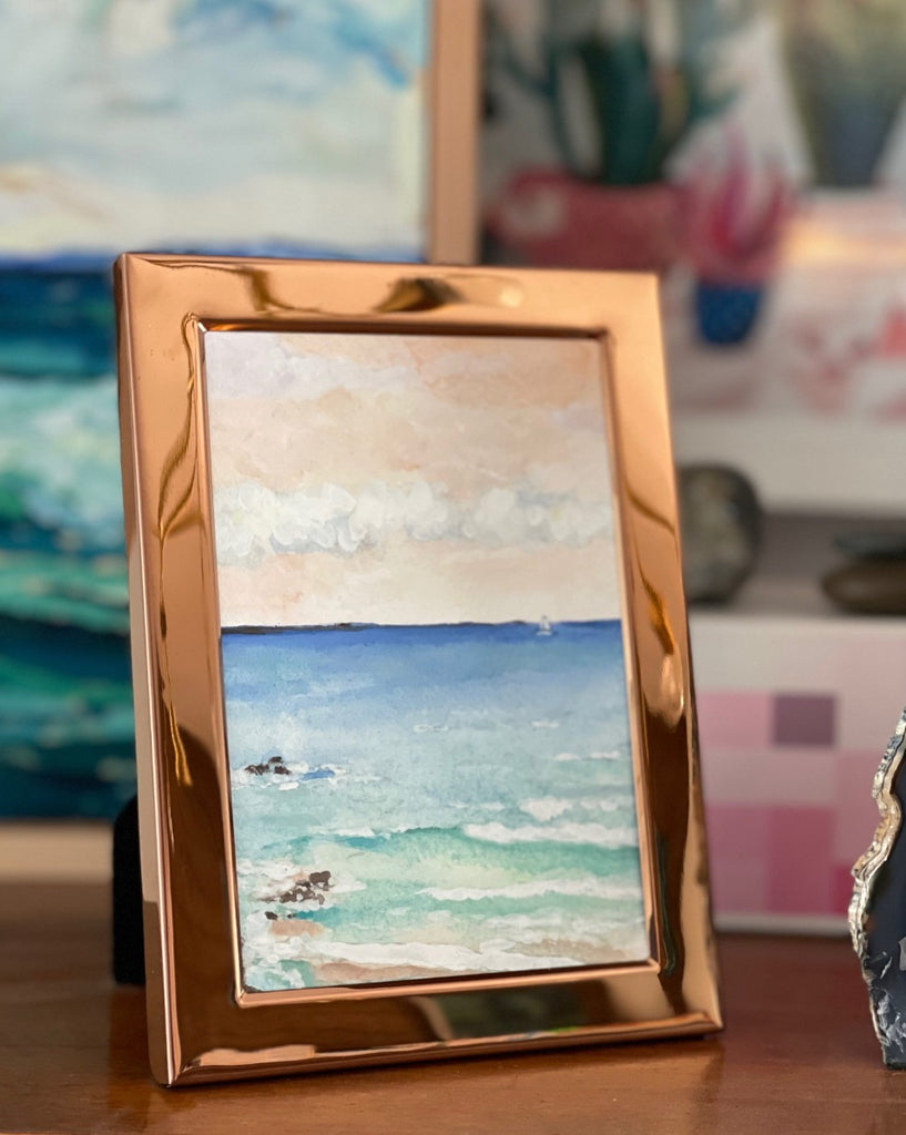 watercolor-style seascape with sailboat in acryla gouache by Liz Langley Studio. 