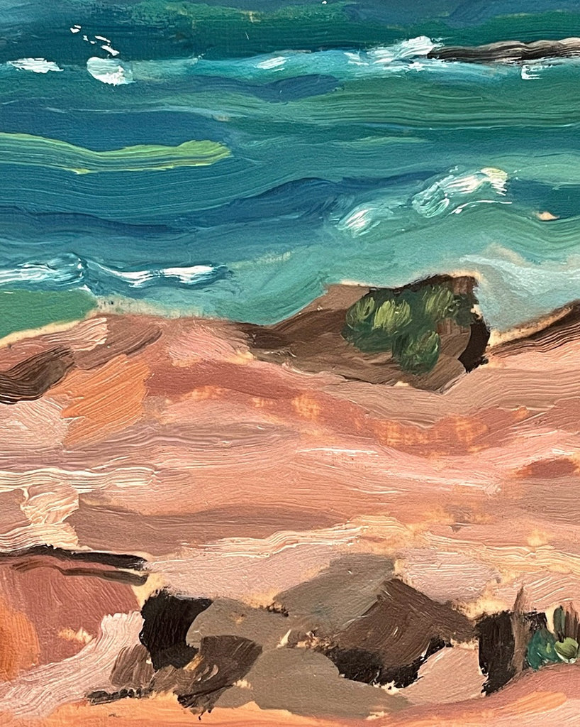 Detail of brushstrokes on oil seascape painting on birch wood panel 8x10 inches by Liz Langley Studio