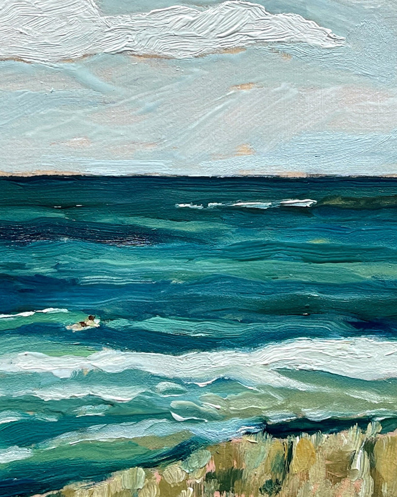 Detail of 6x6 mini seascape by Liz Langley Studio: a surfer paddles out to a gentle wave in a palette of peaceful blues and greens