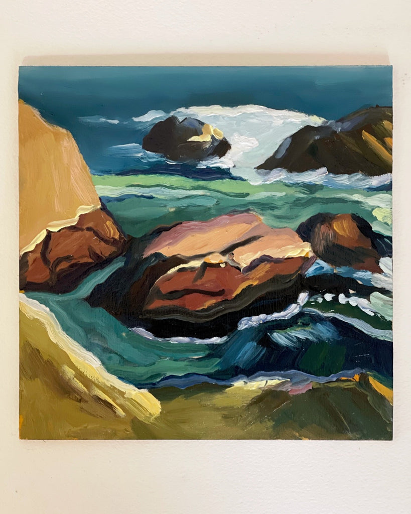 6x6 winter seascape oil on panel in deep blues and greens by Liz Langley Studio. Shown unframed