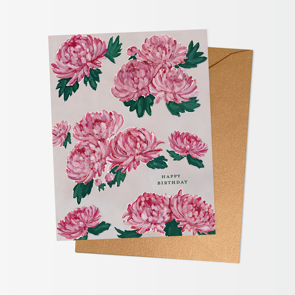A2 crysanthemums pattern birthday card featuring November's birthday flower in pink.