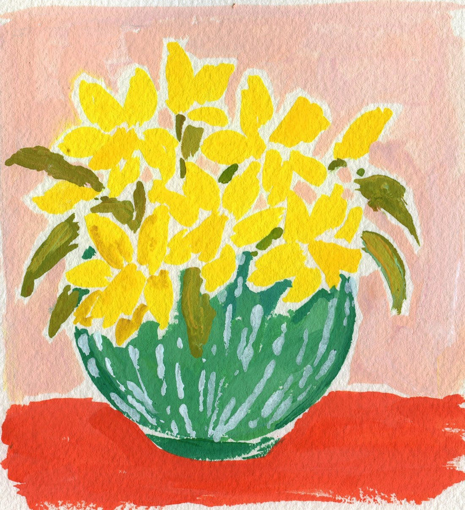4.25x4.5 inch painting of yellow daffodils in a green and white striped vase on a red surface with a pink background by Liz Langley.