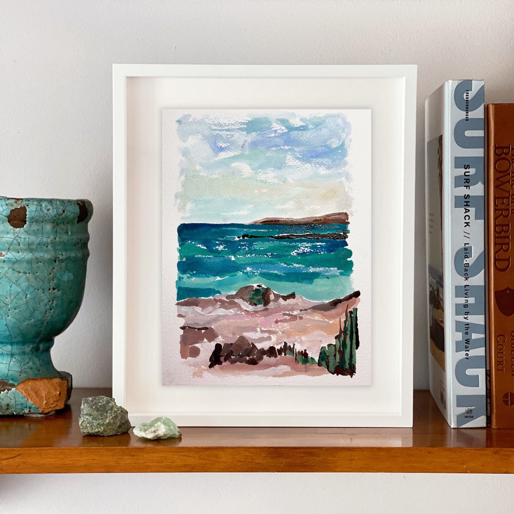 Watercolor style seascape painting in acryla gouache by Liz Langley Studio 