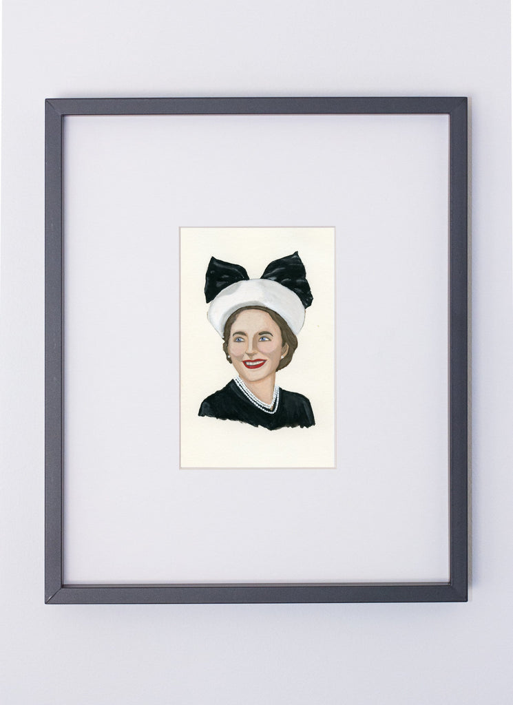 Dorothy Draper portrait in gouache by Liz Langley framed in black frame