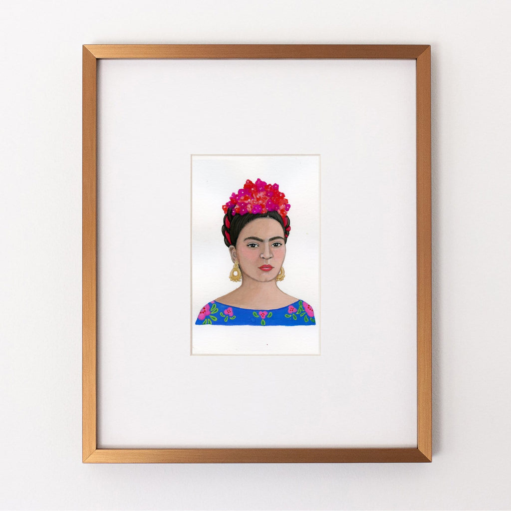 Frida Kahlo portrait in gouache by Liz Langley framed in antique gold frame