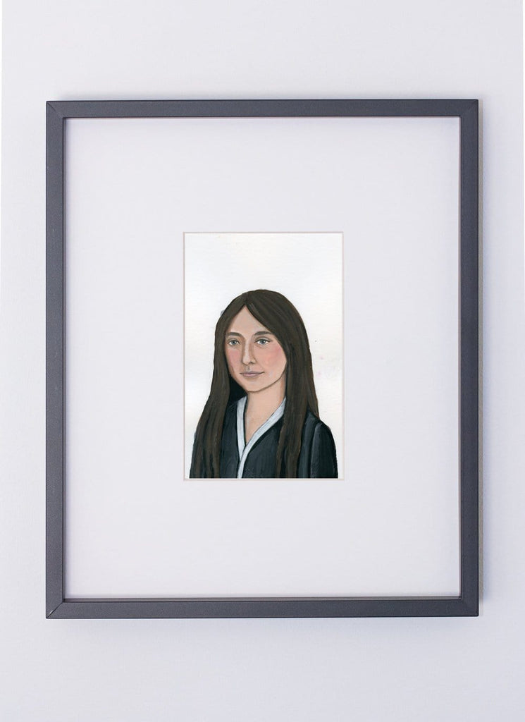 Georgia O'Keeffe portrait in gouache by Liz Langley framed in black frame
