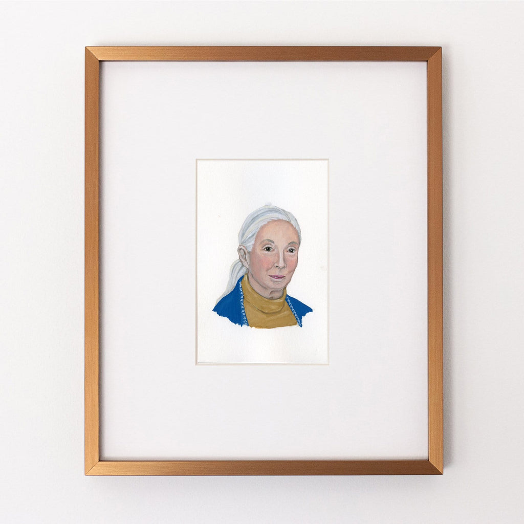 Jane Goodall portrait in gouache by Liz Langley framed in antique gold frame