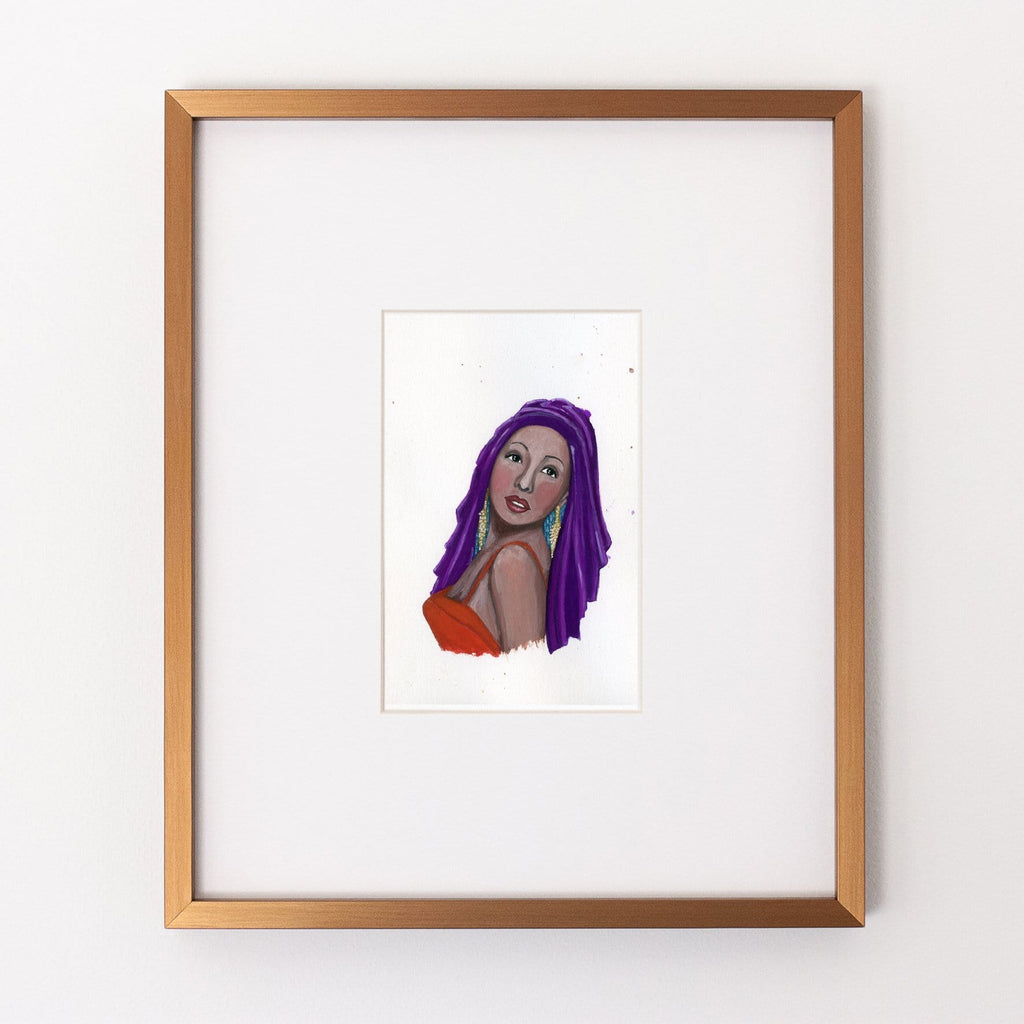 Josephine Baker portrait in gouache by Liz Langley framed in antique gold frame