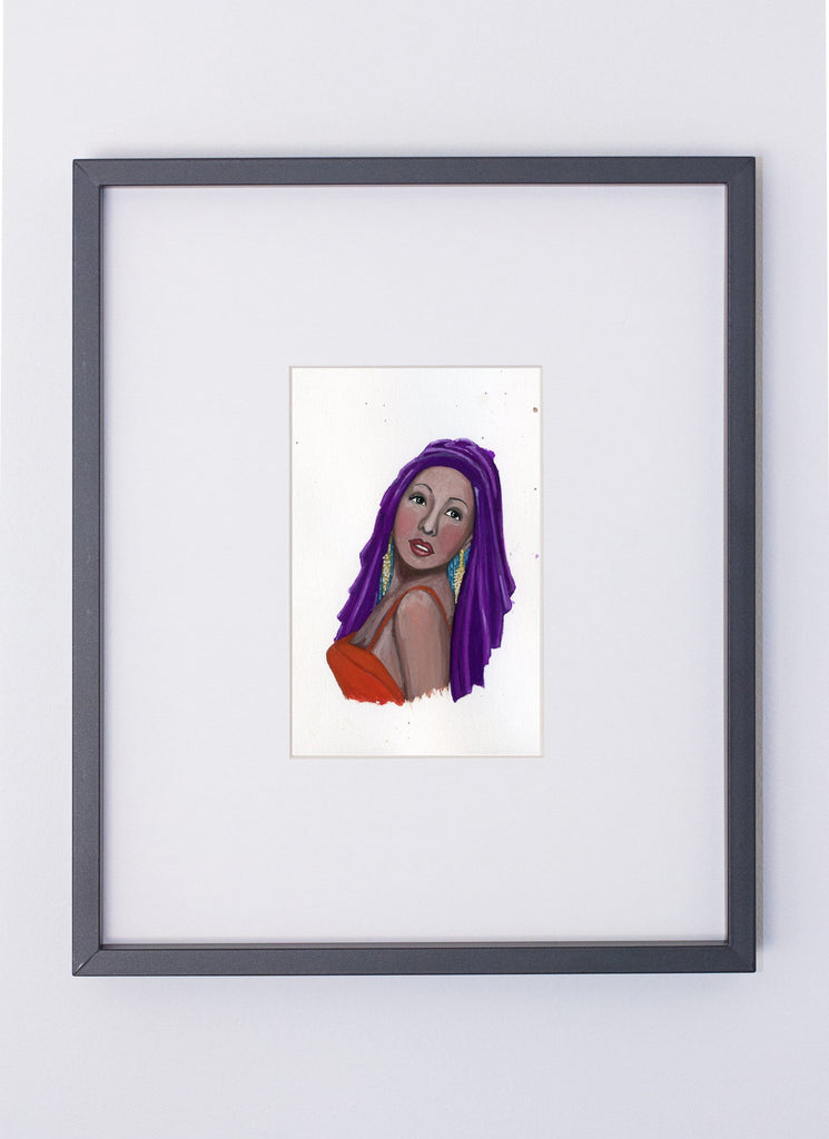 Josephine Baker portrait in gouache by Liz Langley framed in black frame