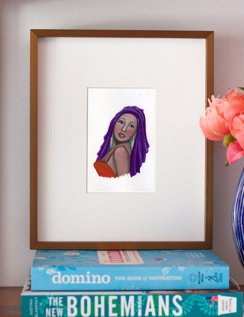Josephine Baker portrait in gouache by Liz Langley framed in antique gold frame