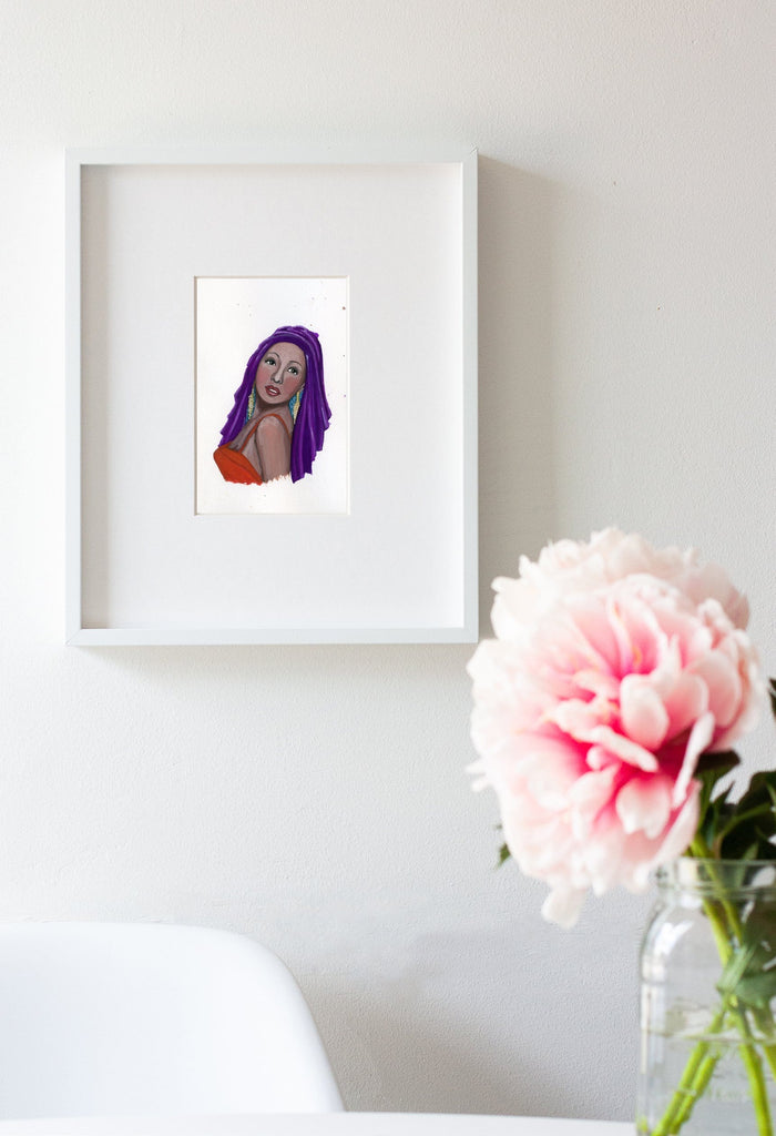 Josephine Baker portrait in gouache by Liz Langley framed in white frame