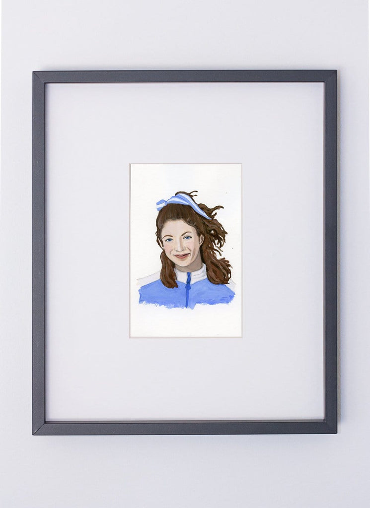Kathrine Switzer portrait in gouache by Liz Langley framed in black frame