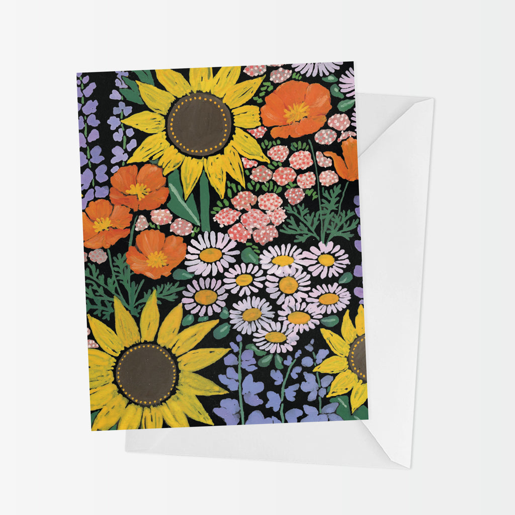 A2 floral greeting card features a field of California native plant wildflowers on a dark ground. Includes sunflower, poppy, yarrow delphinium.