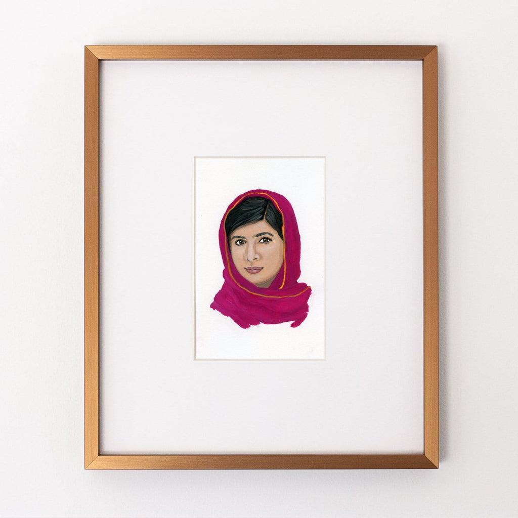 Malala Yousafzai portrait in gouache by Liz Langley framed in antique gold frame