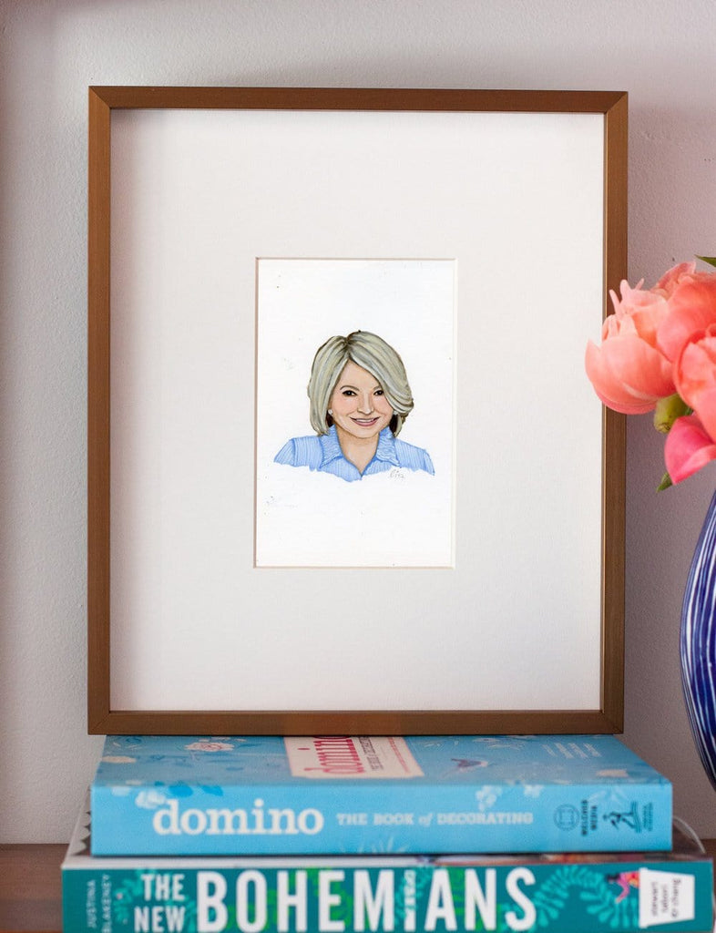 Martha Stewart portrait in gouache by Liz Langley framed in antique gold frame