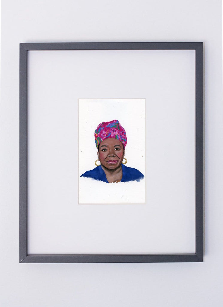 Maya Angelou portrait in gouache by Liz Langley framed in black frame