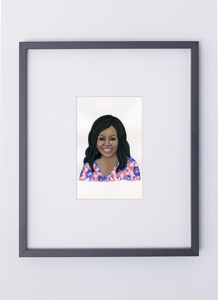 Michelle Obama portrait in gouache by Liz Langley framed in black frame