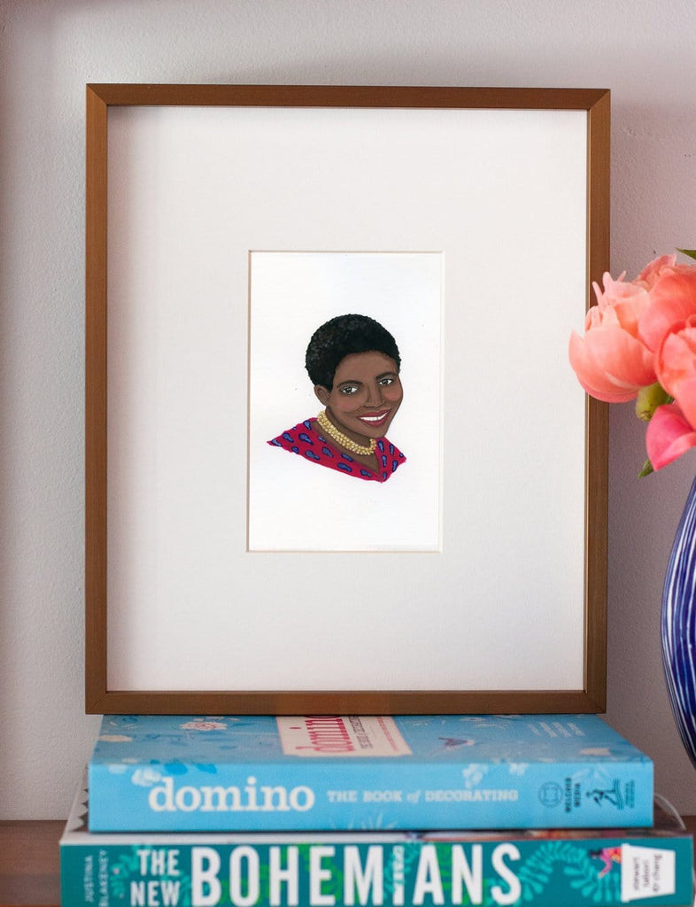 Miriam Makeba portrait in gouache by Liz Langley framed in antique gold frame