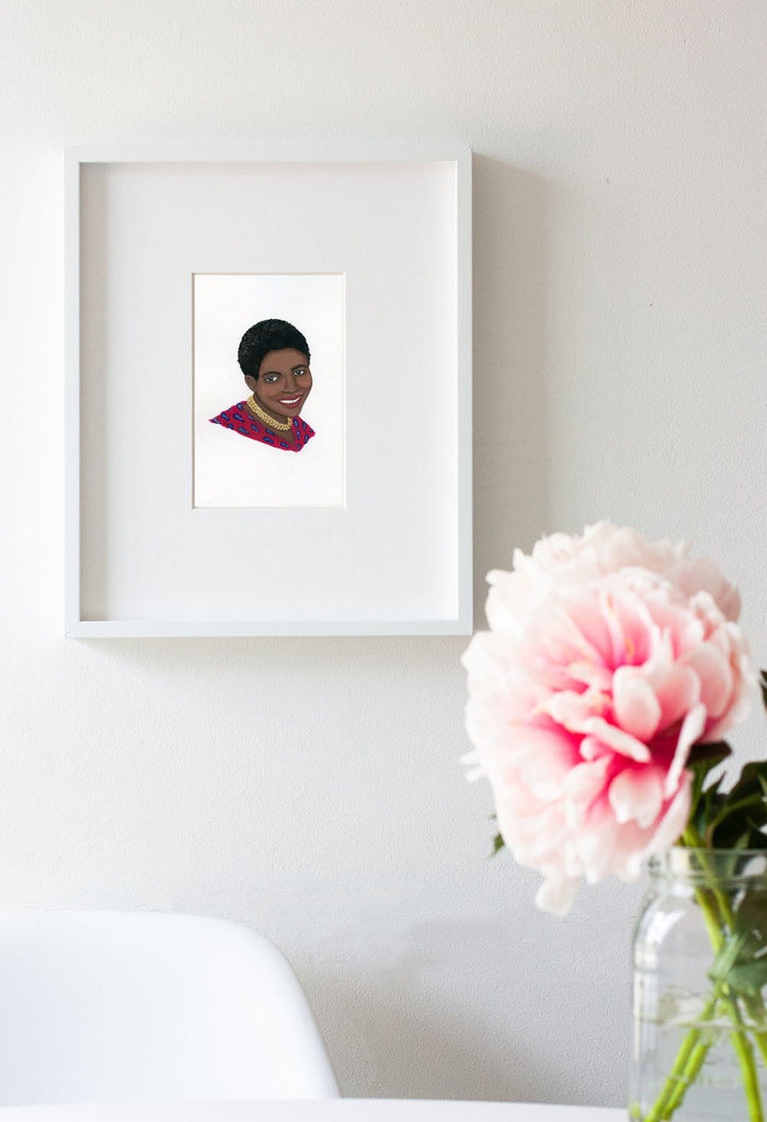 Miriam Makeba portrait in gouache by Liz Langley framed in white frame
