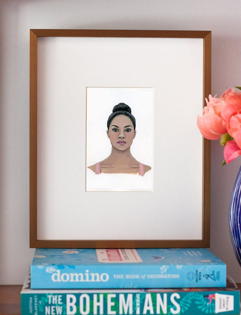 Misty Copeland portrait in gouache by Liz Langley framed in antique gold frame