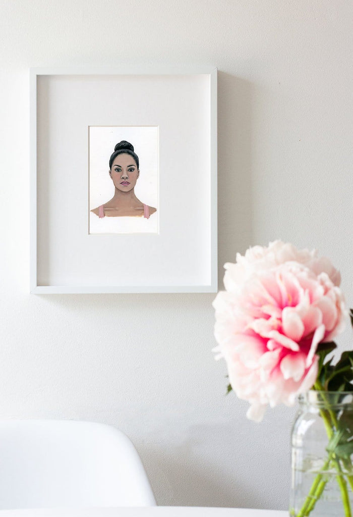 Misty Copeland portrait in gouache by Liz Langley framed in white frame